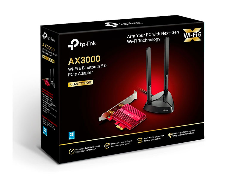 Tarjeta de red inalámbrica TP-LINK AX3000 PCI Express con Bluetooth 5.2 TX300E  Velocidad de Wi-Fi 6 inigualable: rompe la barrera gigabit con una velocidad de hasta 2402 Mbps (5 GHz) + 574 Mbps (2.4 GHz) Experiencia más fluida: una latencia 75% menor garantiza juegos en tiempo real Conexiones confiables: el chipset Intel  Wi-Fi 6 brinda Wi-Fi más rápido y más claro para desbloquear completamente el potencial de tu router Wi-Fi 6_1 T DE RED TP LINK AX3000 WIRELESS PCI EXP BLUETOOTH 5 2 TX300E 1